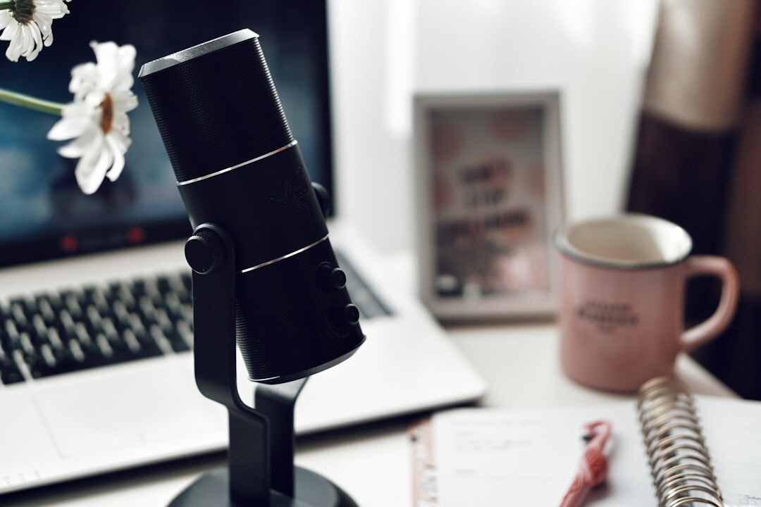Podcast recording equipment on a desk